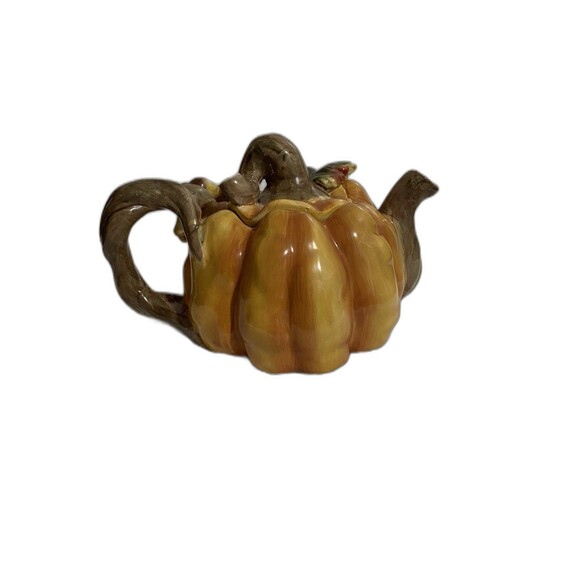 Orange Green Deco Decorative Ceramic Pumpkin Fall Halloween Thanksgiving Tea Pot - Picture 3 of 4